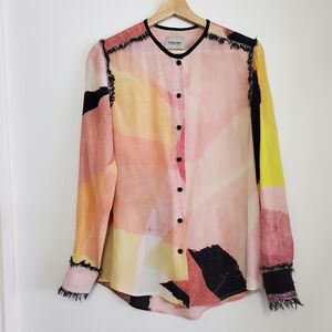 Rachel Comey 8 Blouse Pink Miramar Multi Color Artsy 100% Silk Fringe Top Button
